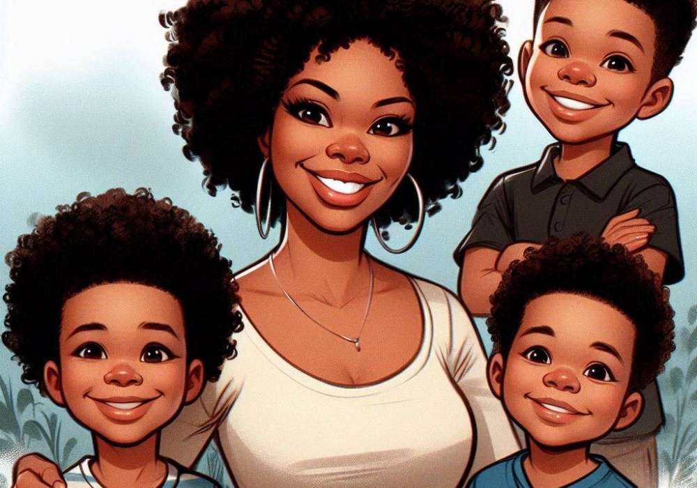 AI generated drawing of a black mom and her three boys